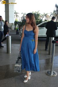 telugu actress Kriti Kharbanda cute in a blue dress at mumbai airport