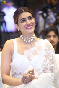 Indian Actress Kriti Sanon in a white saree while attending a movie function