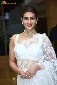 Indian Actress Kriti Sanon in a white saree while attending a movie function