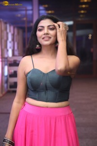 actress lahari stylish looks in a grey top and pink skirt