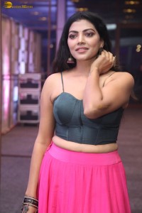 actress lahari stylish looks in a grey top and pink skirt