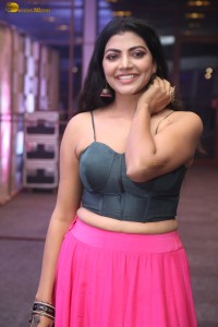 actress lahari stylish looks in a grey top and pink skirt