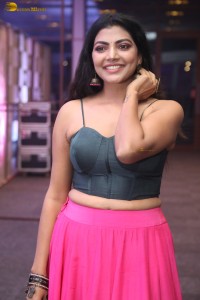 actress lahari stylish looks in a grey top and pink skirt
