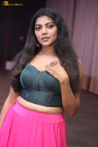 actress lahari stylish looks in a grey top and pink skirt