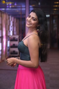 actress lahari stylish looks in a grey top and pink skirt