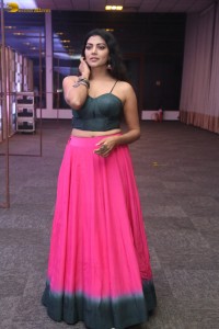actress lahari stylish looks in a grey top and pink skirt