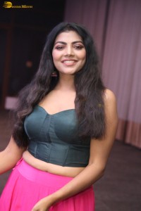 actress lahari stylish looks in a grey top and pink skirt