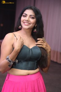 actress lahari stylish looks in a grey top and pink skirt