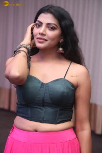 actress lahari stylish looks in a grey top and pink skirt