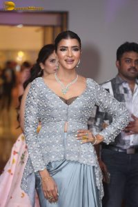 actress and producer Lakshmi Manchu spotted in a silver blue dress at an event