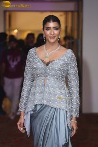 actress and producer Lakshmi Manchu spotted in a silver blue dress at an event