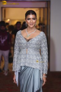 actress and producer Lakshmi Manchu spotted in a silver blue dress at an event