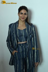 actress Lavanya Tripathi dressed in a striped pantsuit