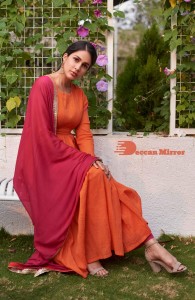 Lavanya Tripathi wearing a traditional orange Salwar Kameez