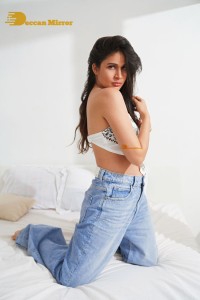 Lavanya Tripathi in a white top and blue denim jeans