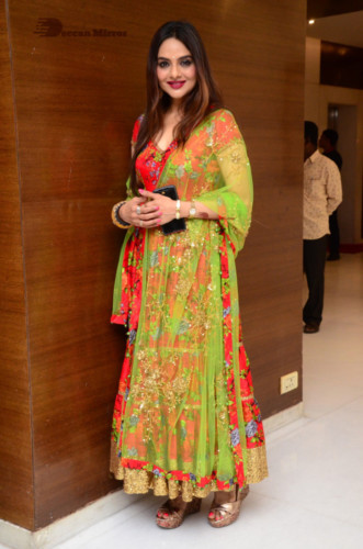 Tamil and Telugu Actress Madhubala in a red and green dress
