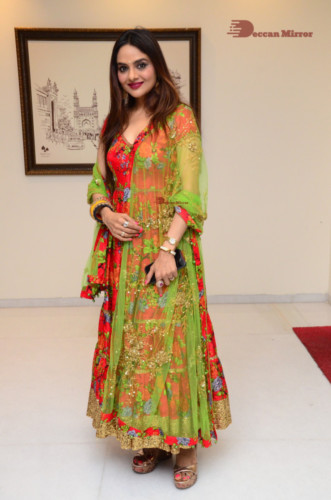 Tamil and Telugu Actress Madhubala in a red and green dress