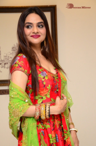 Tamil and Telugu Actress Madhubala in a red and green dress