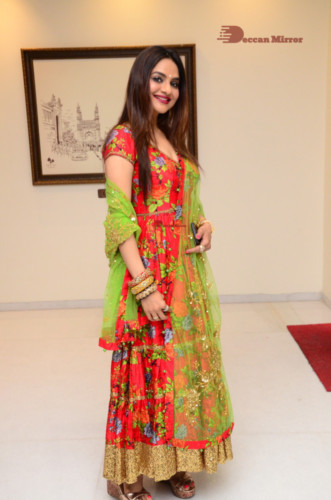 Tamil and Telugu Actress Madhubala in a red and green dress