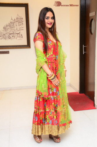 Tamil and Telugu Actress Madhubala in a red and green dress