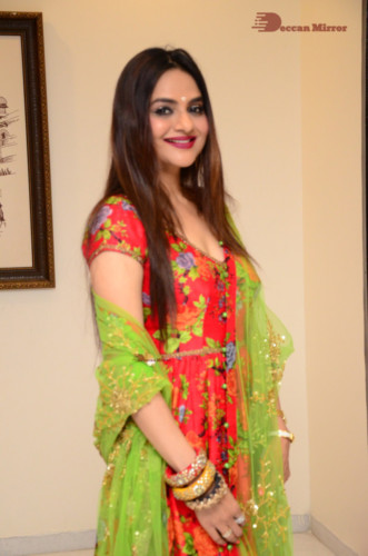 Tamil and Telugu Actress Madhubala in a red and green dress