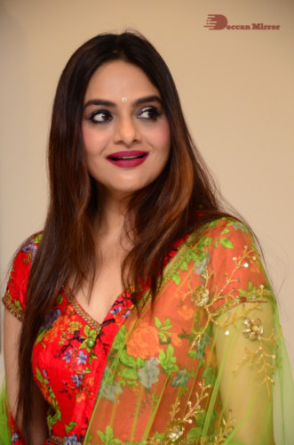 Tamil and Telugu Actress Madhubala in a red and green dress