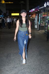 actress mahima makwana gorgeous in a green top and a slit midi skirt at airport