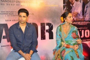 Adavi Sesh, Saiee Manjrekar and Sobhita Dhulipala attend the Teaser Launch Event of their upcoming movie Major