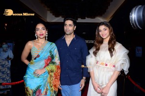 Adavi Sesh, Saiee Manjrekar and Sobhita Dhulipala attend the Teaser Launch Event of their upcoming movie Major