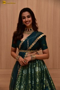 Meenakshi Chaudhary gorgeous in a green saree at a movie function