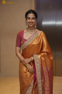 Indian actress Meenakshi Chaudhary dazzles in a yellow gold color saree at a function