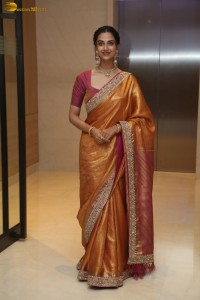 Indian actress Meenakshi Chaudhary dazzles in a yellow gold color saree at a function