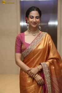 Indian actress Meenakshi Chaudhary dazzles in a yellow gold color saree at a function