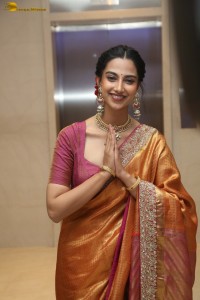 Indian actress Meenakshi Chaudhary dazzles in a yellow gold color saree at a function