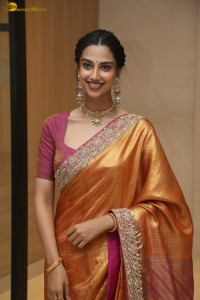 Indian actress Meenakshi Chaudhary dazzles in a yellow gold color saree at a function