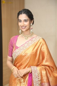 Indian actress Meenakshi Chaudhary dazzles in a yellow gold color saree at a function