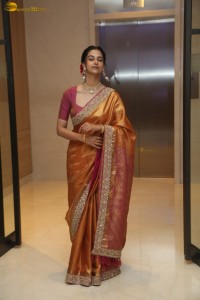 Indian actress Meenakshi Chaudhary dazzles in a yellow gold color saree at a function