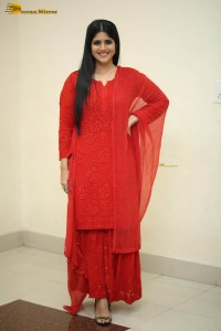 actress megha akash dressed in a red salwar suit