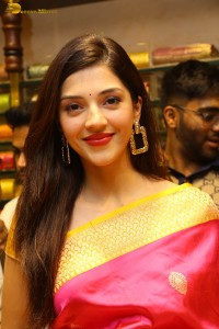 actress mehreen in a pink silk saree while inaugurating a shopping mall