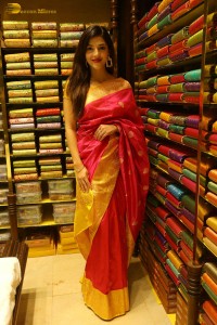 actress mehreen in a pink silk saree while inaugurating a shopping mall