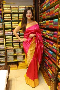 actress mehreen in a pink silk saree while inaugurating a shopping mall