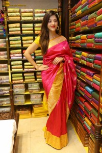 actress mehreen in a pink silk saree while inaugurating a shopping mall