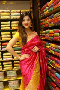 actress mehreen in a pink silk saree while inaugurating a shopping mall