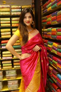 actress mehreen in a pink silk saree while inaugurating a shopping mall