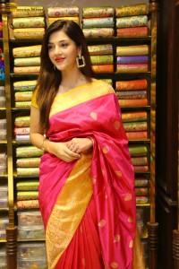 actress mehreen in a pink silk saree while inaugurating a shopping mall