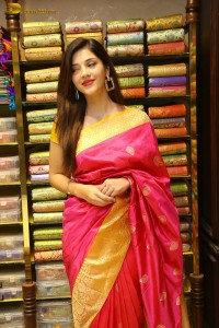 actress mehreen in a pink silk saree while inaugurating a shopping mall