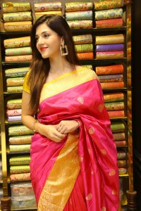 actress mehreen in a pink silk saree while inaugurating a shopping mall