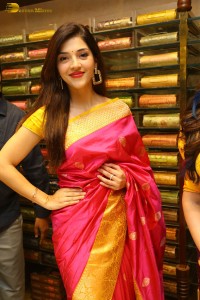 actress mehreen in a pink silk saree while inaugurating a shopping mall