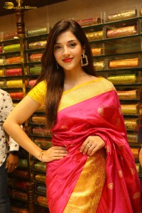 actress mehreen in a pink silk saree while inaugurating a shopping mall