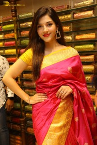 actress mehreen in a pink silk saree while inaugurating a shopping mall